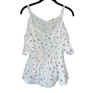 Hippie Rose White Floral Cold Shoulder Peplum‎ Top Summer Romantic Blouse M A58